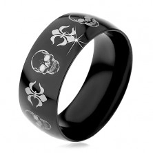Črn jeklen prstan, srebrne lobanje in simboli Fleur de Lis, 9 mm