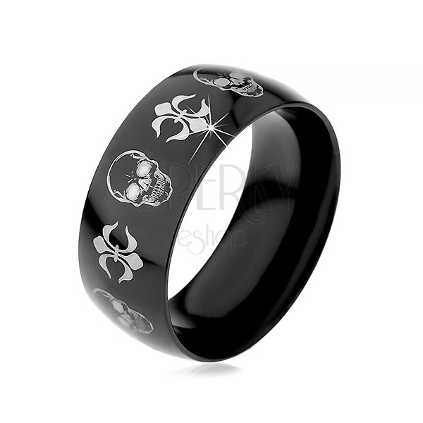 Črn jeklen prstan, srebrne lobanje in simboli Fleur de Lis, 9 mm
