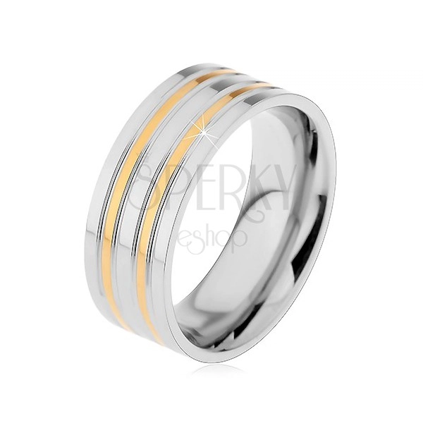 Jeklen prstan srebrne barve z dvignjenimi pasovi zlate barve, 8 mm