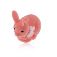 Žametna škatlica za prstan ali uhane, rožnat zajček z belo pentljo