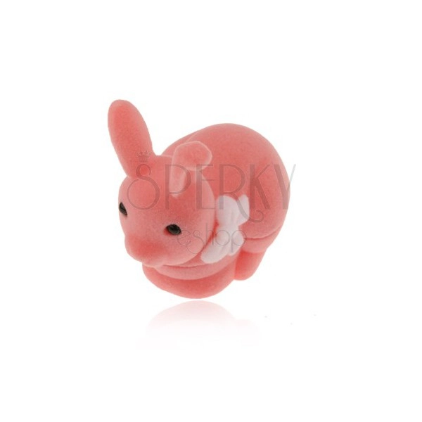 Žametna škatlica za prstan ali uhane, rožnat zajček z belo pentljo