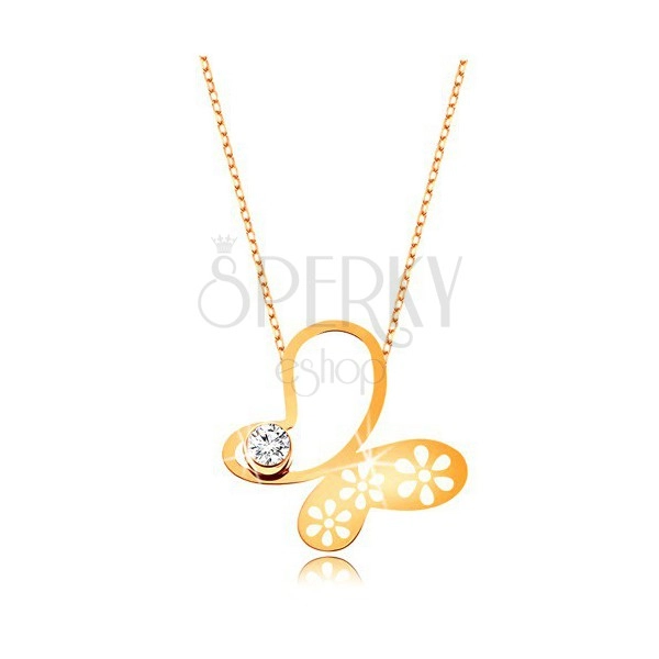 Ogrlica iz 9-k rumenega zlata – nesimetričen metulj s cvetovi, tanka verižica