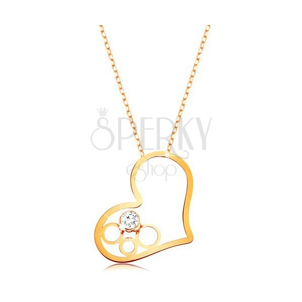 Ogrlica iz 9-k zlata – tanka verižica, obris srca s krogi in prozornim cirkonom