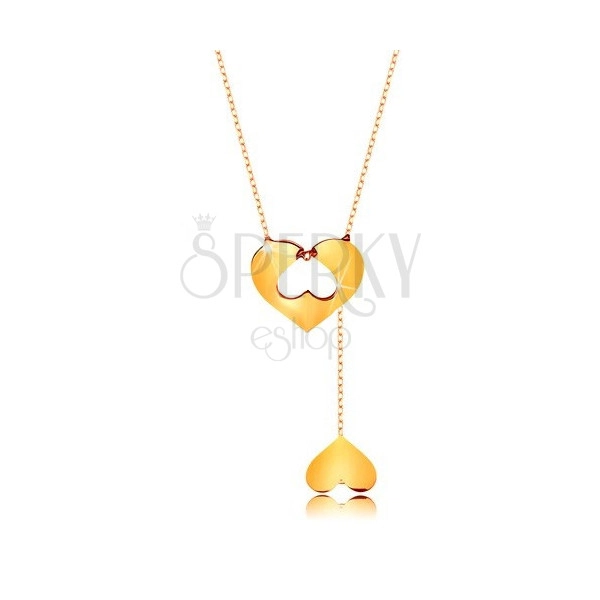 Ogrlica iz 9-k zlata - tanka verižica, srce z izrezom in viseče preobrnjeno srce