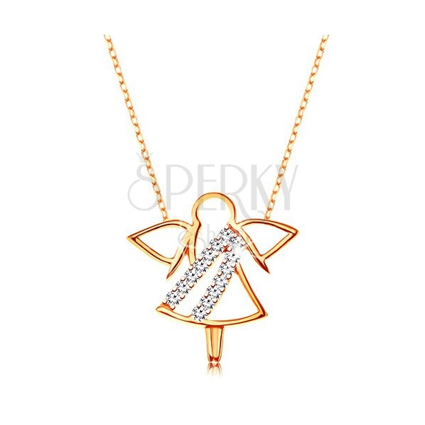 Ogrlica iz 9-k rumenega zlata – obris angela, linije cirkonov, ozka sijoča verižica