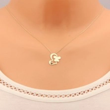 Ogrlica iz 9-k zlata – verižica iz ovalnih členov, obris srca, metulj in prozoren cirkon