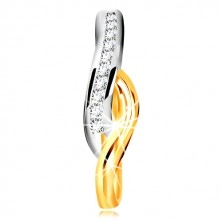 Prstan iz 14-k zlata – dvobarvna valovita kraka, linija prozornih cirkonov in zareza