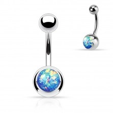 Jeklen piercing za popek srebrne barve, kroglica z umetnim opalom