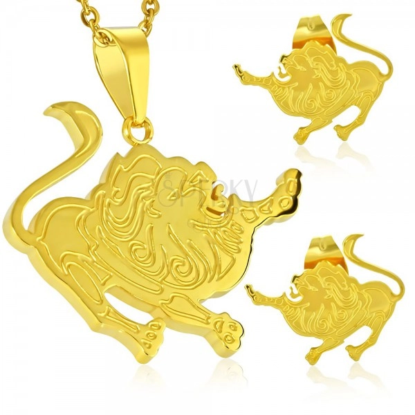 Jeklen komplet zlate barve, uhani in obesek, zodiakalno znamenje LEV