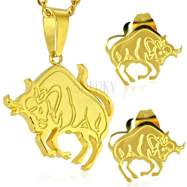 Jeklen komplet zlate barve - obesek in vtični uhani, zodiakalno znamenje BIK