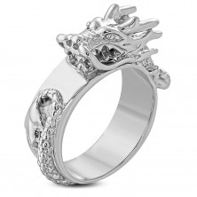 Masiven jeklen prstan srebrne barve, sijoč izbočen kitajski zmaj