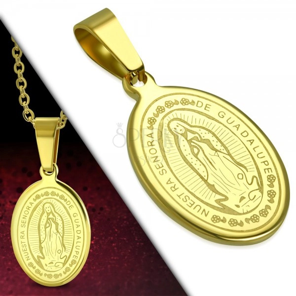 Jeklen obesek, zlate barve, ovalen medaljon s sveto Marijo in napisom