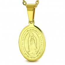 Jeklen obesek, zlate barve, ovalen medaljon s sveto Marijo in napisom