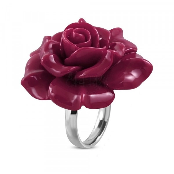 Prstan iz jekla 316 L - velika rožnato-vijoličasta cvetoča vrtnica iz smole