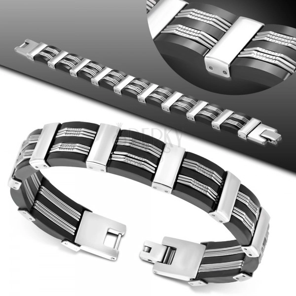 Jekleno-gumijasta zapestnica, členi srebrne barve, črni gumijasti spoji