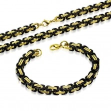 Komplet iz jekla 316 L - ogrlica in zapestnica, členi črne in zlate barve