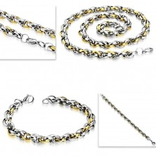 Jeklen komplet - ogrlica z zapestnico, dvobarvni ovalni členi