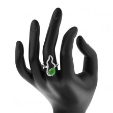 Prstan iz srebra 925 - velik zelen cirkon v obliki solze, prozoren nesimetričen obris