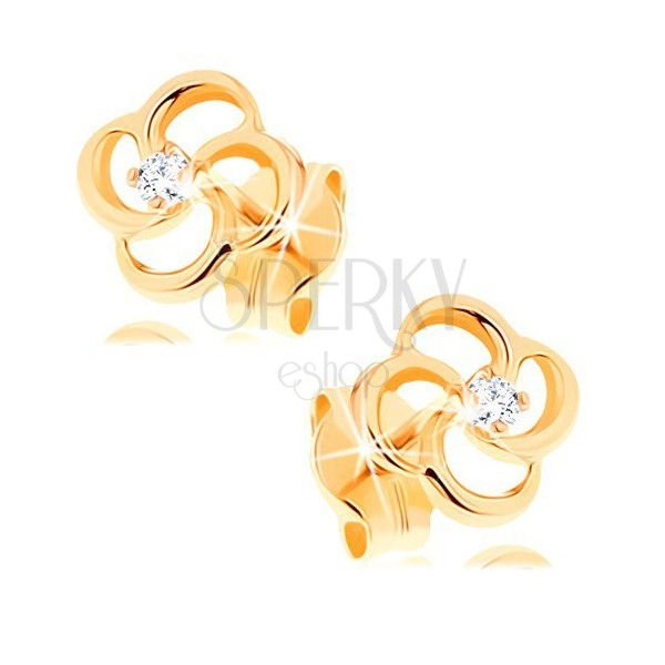 Briljantni uhani iz 14-k rumenega zlata - cvet s prozornim diamantom