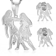 Komplet iz kirurškega jekla srebrne barve, obesek in uhani, zodiakalno znamenje DVOJČKA