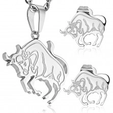 Jekleni komplet srebrne barve - obesek in vtični uhani, zodiakalno znamenje BIK