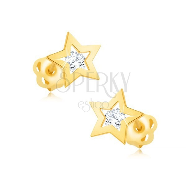 Briljantni uhani iz 14-k rumenega zlata – obris zvezde, prozoren diamant