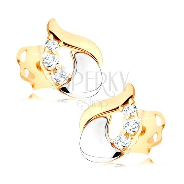 Diamantni uhani - sijoča solza iz 14-k belega in rumenega zlata, trije prozorni briljanti