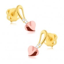 Briljantni uhani - iz 14-k rumenega in rožnatega zlata srce na peclju, diamanti
