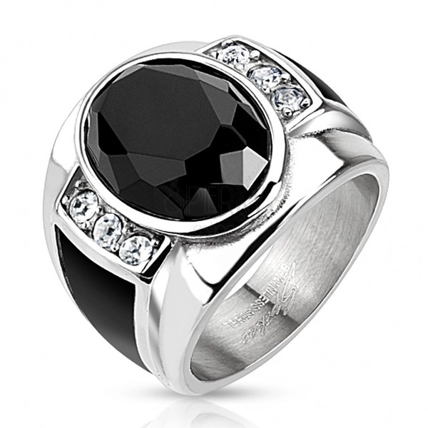 Steel ring with black cut oval, clear zircons and black strips