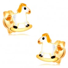 Vtični uhani iz 14-k rumenega zlata - bel gugalni konjiček z rumeno grivo