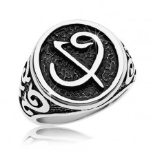 Prstan iz kirurškega jekla - črn pečat s simbolom, okraski na krakih