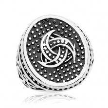 Jekleni prstan, pikčast oval s keltskim motivom, okraski na krakih