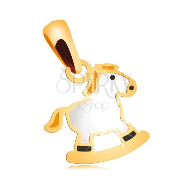 Obesek iz 14-k rumenega zlata - bel gugalni konjiček z rumeno grivo