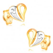 Briljantni uhani  iz 14-k rumenega zlata - srce z izrezi in diamantom