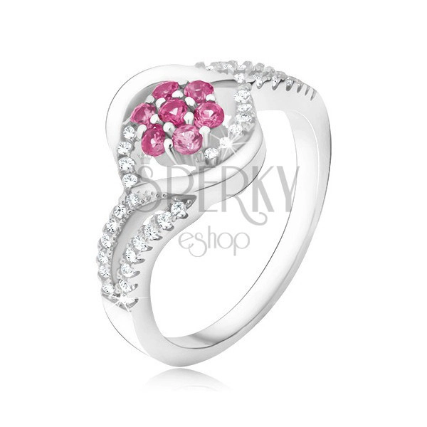 Prstan iz srebra 925, cirkonski cvet svetlo rožnate barve, valovita kraka