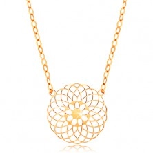Ogrlica iz 14-k rumenega zlata - okrogel izrezan cvet, sijoča verižica