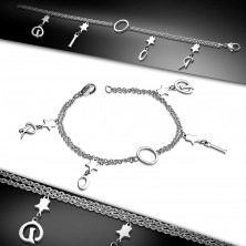 Zapestnica srebrne barve iz kirurškega jekla, dvojna verižica, zvezde s črkami