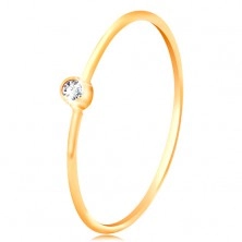 Diamantni prstan iz 14-k zlata - bleščeč prozoren briljant v sijoči objemki, ozka kraka
