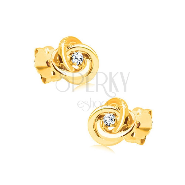 Diamantni uhani iz 14-k rumenega zlata - trije prepleteni obročki, prozoren briljant