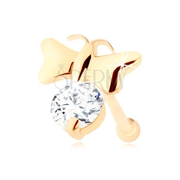 Briljantni piercing za nos iz 14-k rumenega zlata – sijoč metulj in prozoren diamant