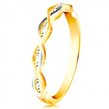 14-k zlati prstan - tanka prepletena valova iz belega in rumenega zlata, cirkoni