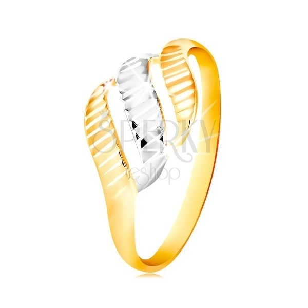 14-k zlati prstan – trije valovi iz rumenega in belega zlata, sijoči vtisi
