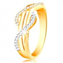 14-k zlati prstan - cirkonska valova iz rumenega in belega zlata, ravni gladki in liniji