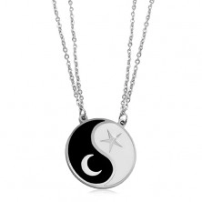 Jeklena ogrlica, verižici, simbol jin-jang, luna in zvezda