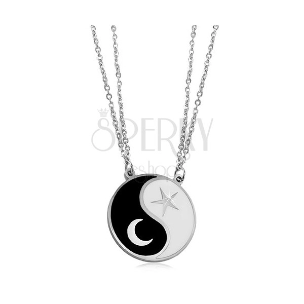 Jeklena ogrlica, verižici, simbol jin-jang, luna in zvezda