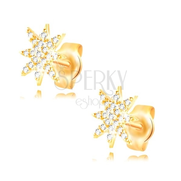 Uhani iz 14-k rumenega zlata - lesketava zvezda s prozornimi cirkoni
