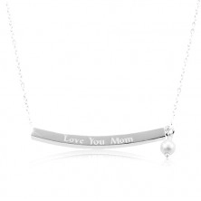 Ogrlica iz srebra 925, tanek pravokotnik z napisom Love You Mum, bela kroglica