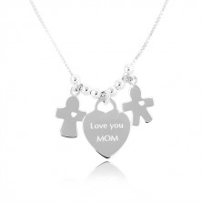 Ogrlica iz srebra 925, srce z napisom „Love you MOM“, fantek in punčka