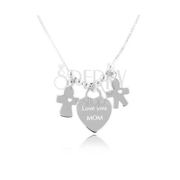 Ogrlica iz srebra 925, srce z napisom „Love you MOM“, fantek in punčka
