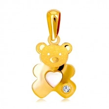Obesek iz 14-k rumenega zlata – medvedek z bisernim srcem in prozornim cirkonom